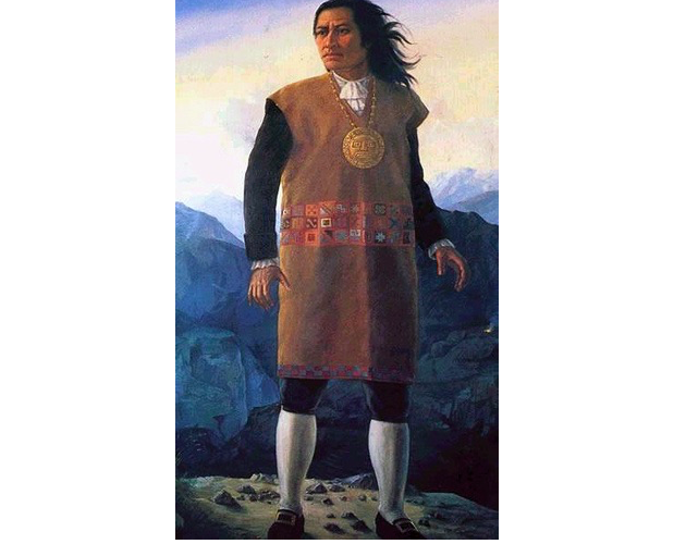 A colour portrait of Tupac Amaru standing in a mountainous landscape
