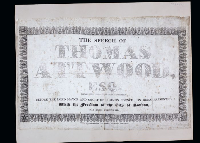 A piece of silk with a speech by Thomas Attwood printed on it