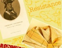 images of two slavery-related objects on yellow background with words 'resistance' and 'rebellion'