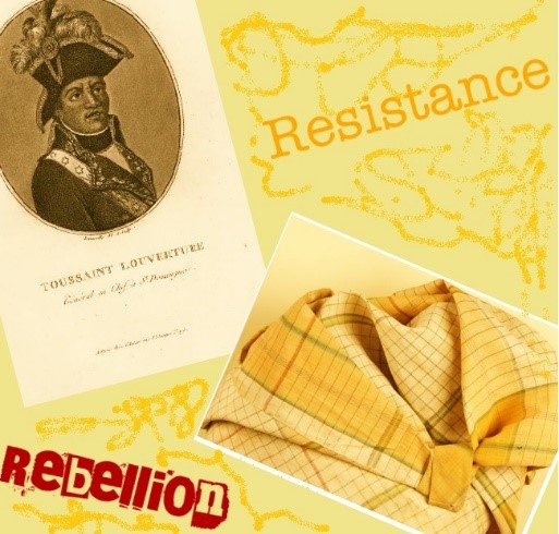images of two slavery-related objects on yellow background with words 'resistance' and 'rebellion'