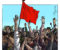 A cartoon depiction of a protest with a large red flag in the air