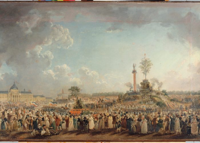 A landscape painting showing a large crowd of people with a grand building in the background.