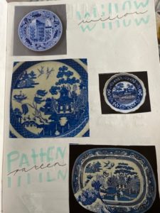 sketch book with pictures of blue and white plates